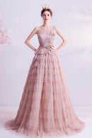 Pink Tulle Long A-Line Prom Dress Pink Scoop Neckline Formal Evening Dress