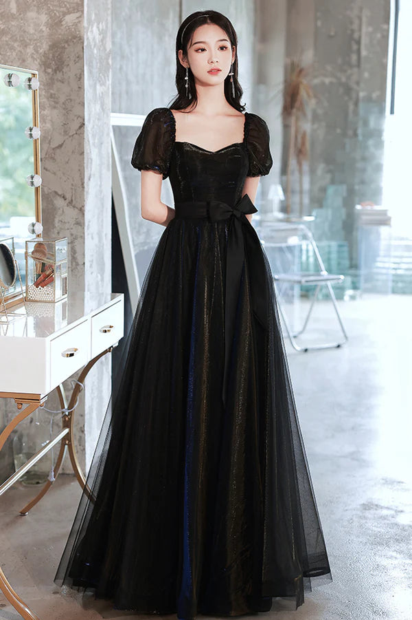 Black Tulle Long Prom Dress Black Short Sleeve Graduation Dress