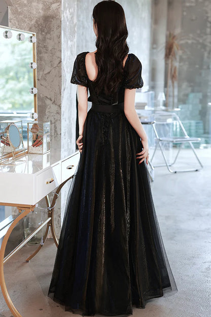 Black Tulle Long Prom Dress Black Short Sleeve Graduation Dress