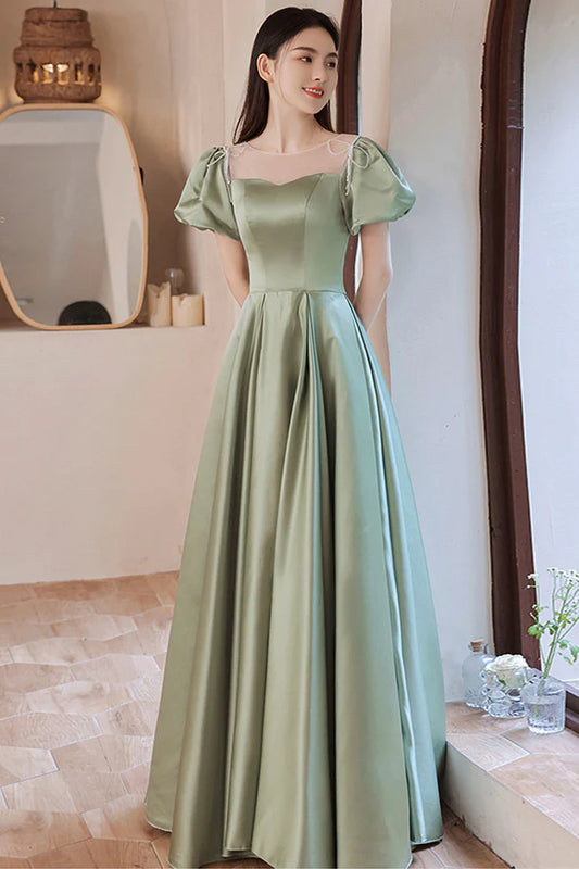 Green Satin Long A-Line Prom Dress Cute Short Sleeve Evening Dress