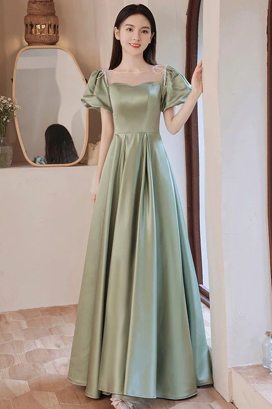 Green Satin Long A-Line Prom Dress Cute Short Sleeve Evening Dress