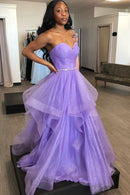 Purple Tulle Long A-Line Prom Dress Purple Strapless Evening Party Dress