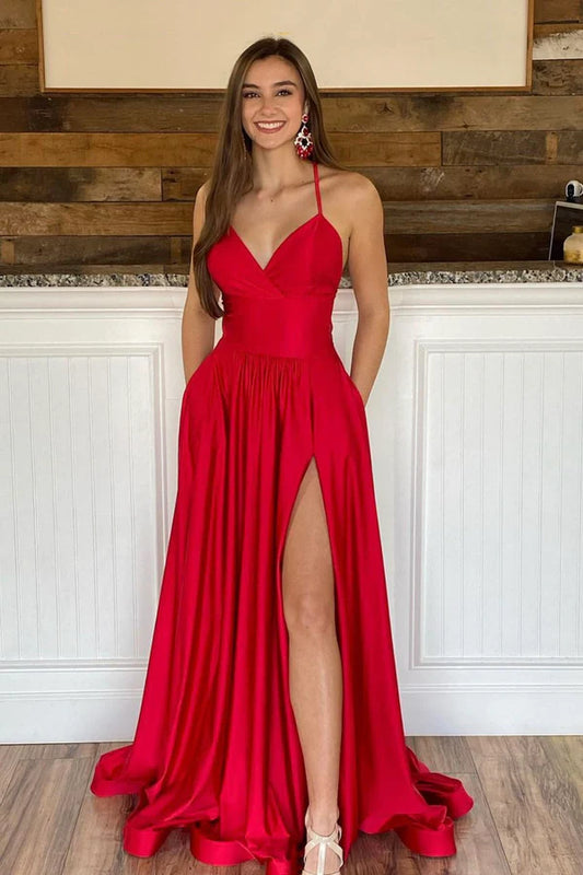 Red Satin Long A-Line Prom Dress Red Backless Evening Dress with Slit