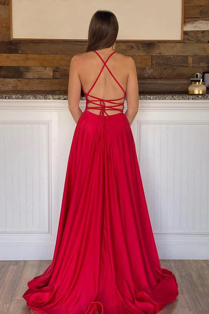 Red Satin Long A-Line Prom Dress Red Backless Evening Dress with Slit