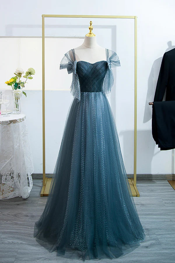 Blue Tulle Long A-Line Prom Dress Simple Sweetheart Neckline Evening Party Dress