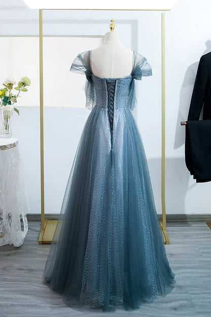 Blue Tulle Long A-Line Prom Dress Simple Sweetheart Neckline Evening Party Dress