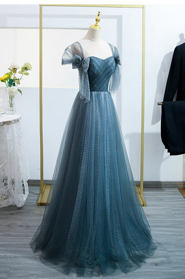 Blue Tulle Long A-Line Prom Dress Simple Sweetheart Neckline Evening Party Dress