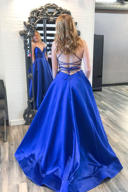 Blue A-Line Satin Long Backless Prom Dress Simple Blue Evening Dress