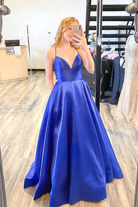 Blue A-Line Satin Long Backless Prom Dress Simple Blue Evening Dress