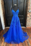 Blue Lace Long A-Line Prom Dress Elegant V-Neck Formal Evening Dress