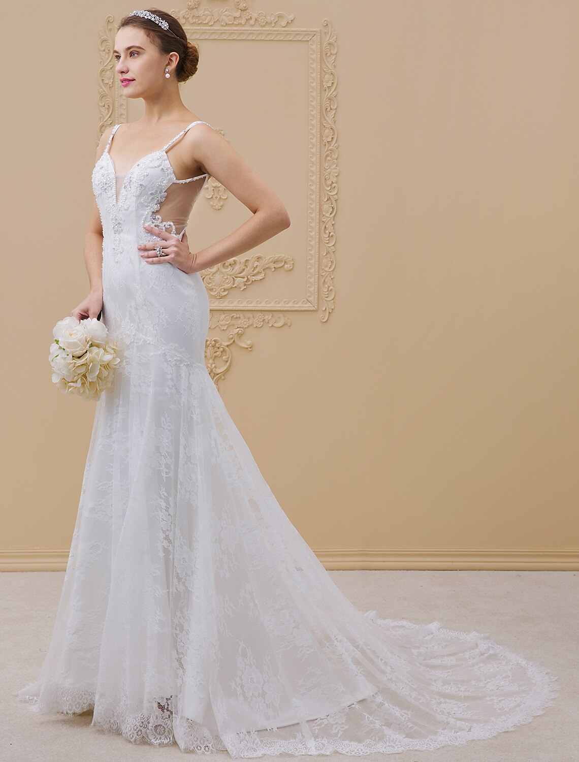 Mermaid / Trumpet Spaghetti Strap Chapel Train Beaded Lace Made-To-Measure Wedding Dresses