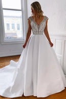 Buyishang A-Line V-Neck Long White Wedding Dress with Silver Beads