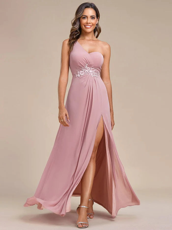 Waist Applique One-Shoulder A-Line Bridesmaid Dress with High Slit/Evening  Dresses