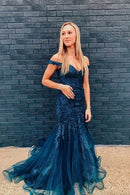 Mermaid Off the Shoulder Navy Long Prom Dress with Appliques