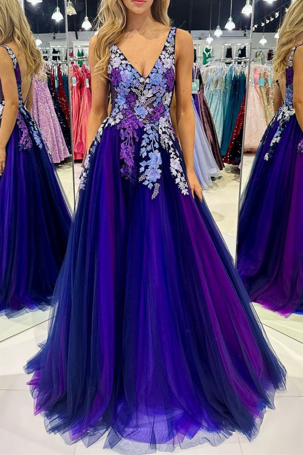 Gorgeous A Line V Neck Purple Tulle Long Prom Dress with Appliques