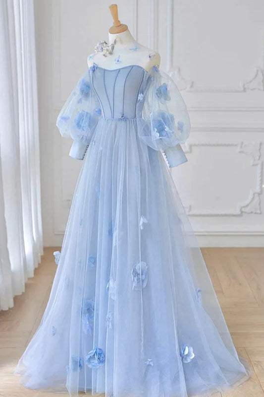 Blue Tulle Flowers Long Prom Dress Lovely A-Line Puff Sleeve Evening Dress