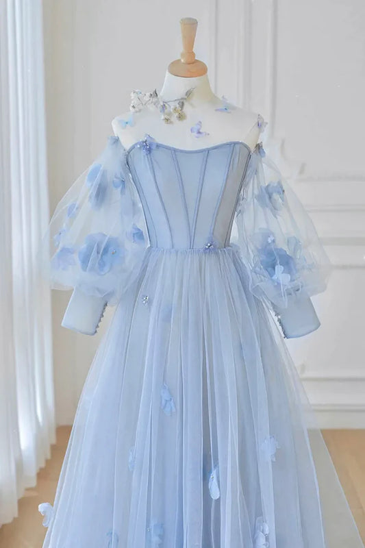 Blue Tulle Flowers Long Prom Dress Lovely A-Line Puff Sleeve Evening Dress