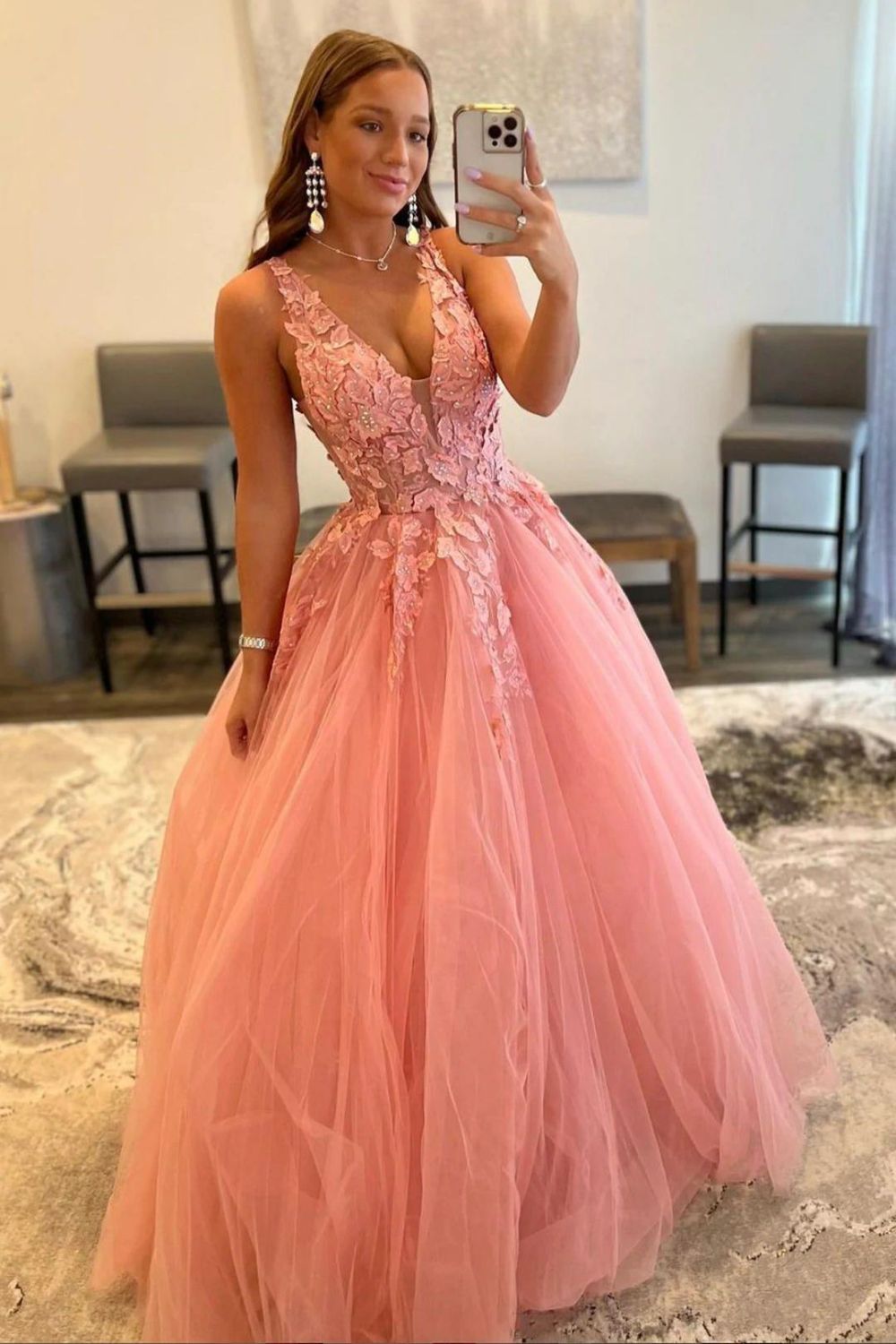 Princess A Line V Neck Pink Long Prom Dress with Appliques