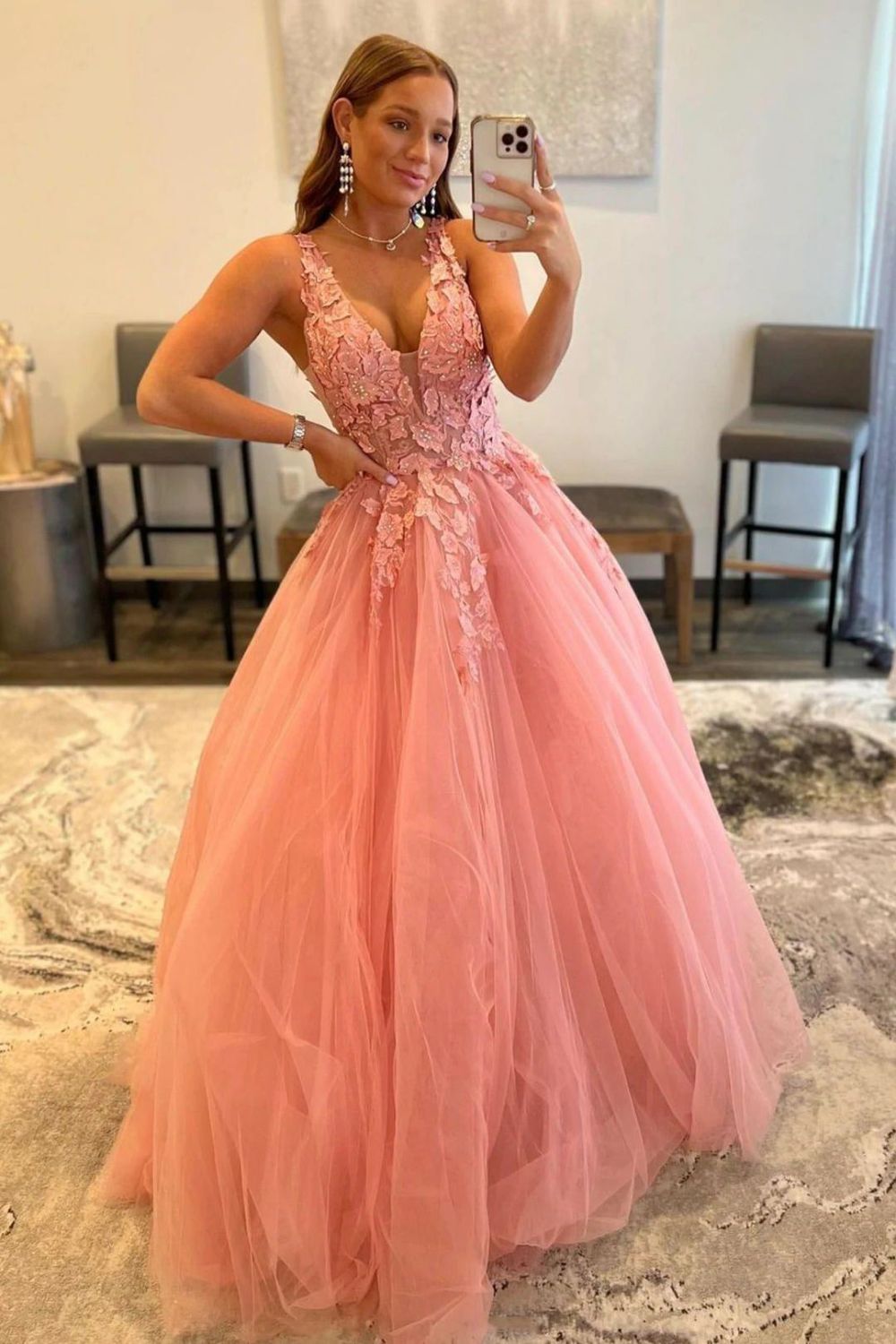 Princess A Line V Neck Pink Long Prom Dress with Appliques