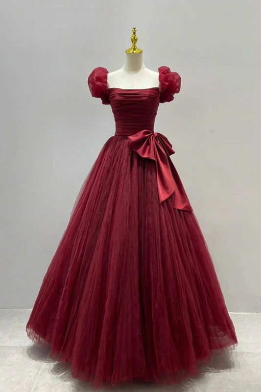 Princess A Line Burgundy Long Prom Dress with Short Sleeves