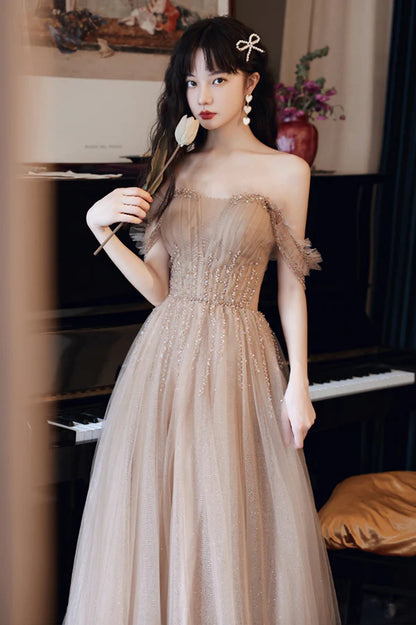 Cute Tulle Long Prom Dress with Beaded A-Line Off the Shoulder Evening Dress