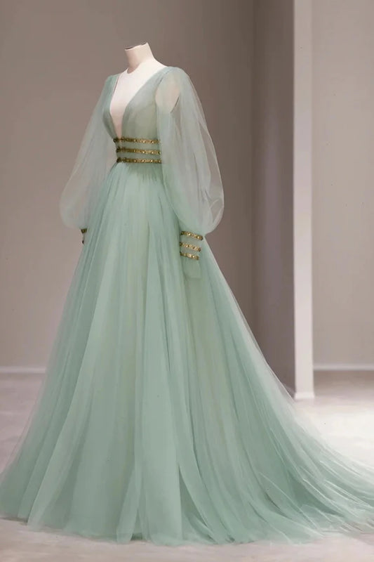 Green Tulle Long Prom Dress with Sequins Green Long Sleeve Evening Party Dress