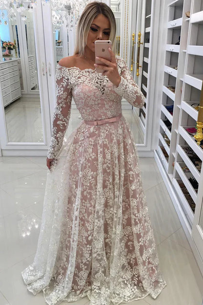 A-Line Lace Long Sleeve Prom Dress Elegant Lace Evening Party Dress