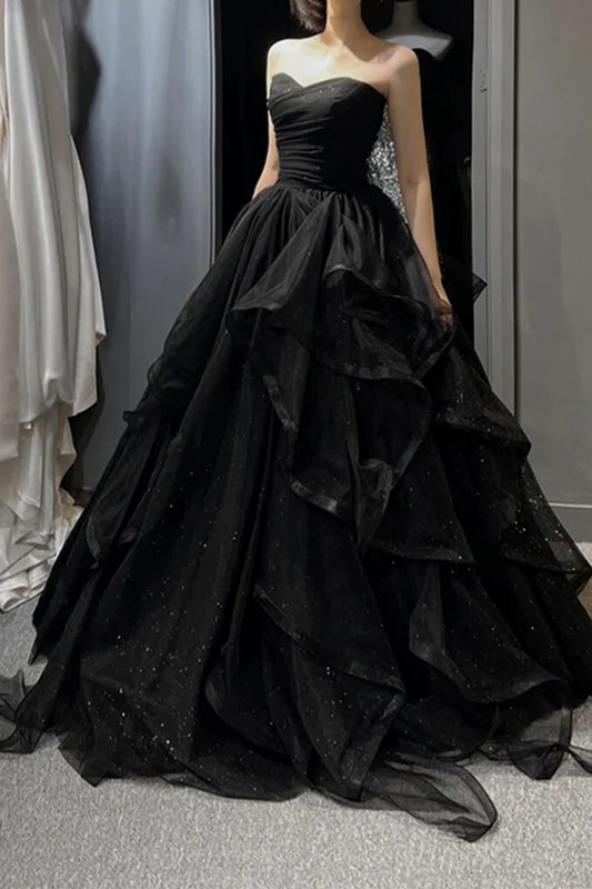 Black Tulle Layers Long A-Line Prom Dress Black Strapless Evening Dress