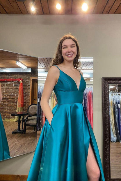 Classic A Line V Neck Green Long Prom Dress with Slit