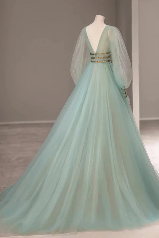 Green Tulle Long Prom Dress with Sequins Green Long Sleeve Evening Party Dress