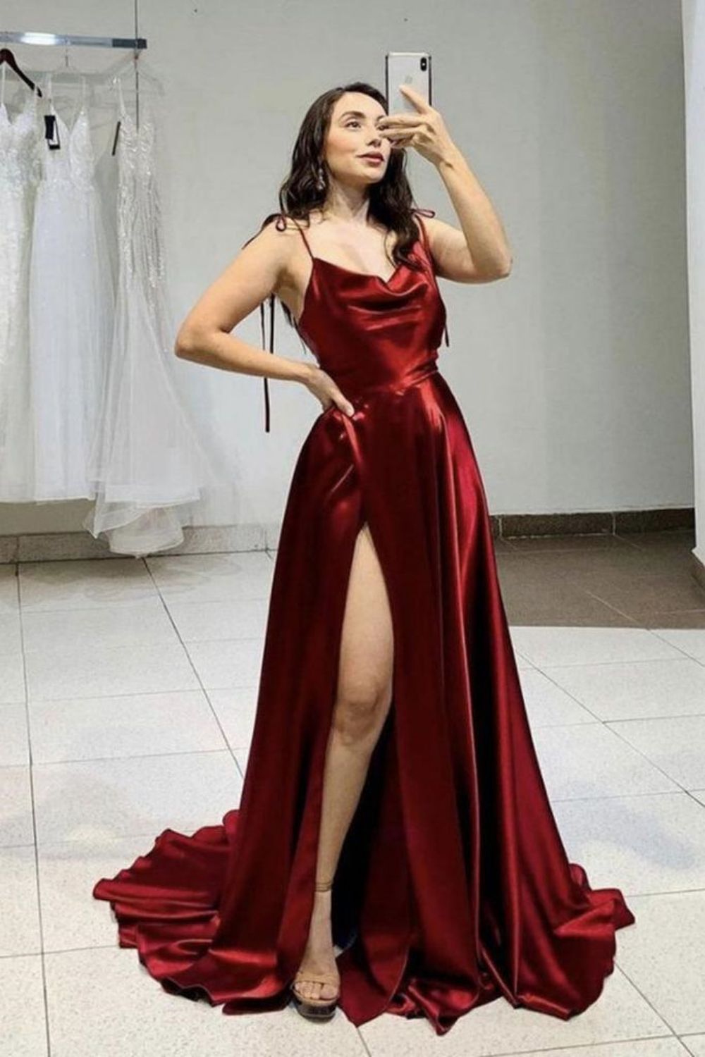 Simple A Line Spaghetti Straps Burgundy Prom Dress with Slit