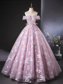 Buyishang A-Line Off Shoulder Tulle Lace Pink Long Prom Dress Pink Long Formal Dress