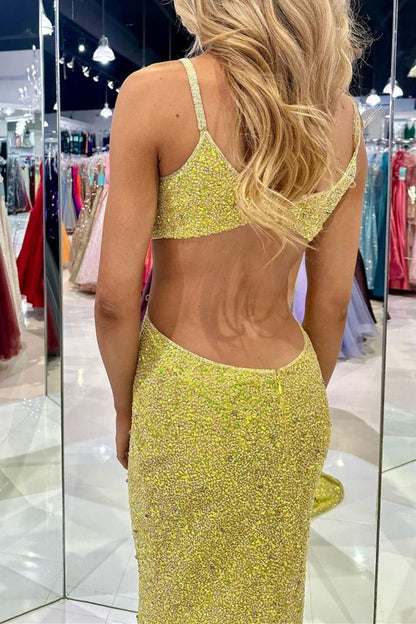 Stunning Mermaid Spaghetti Straps Golden Sequins Long Prom Dress with Open Back