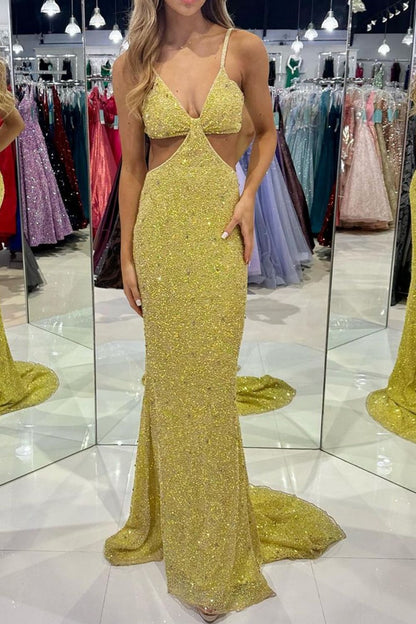 Stunning Mermaid Spaghetti Straps Golden Sequins Long Prom Dress with Open Back