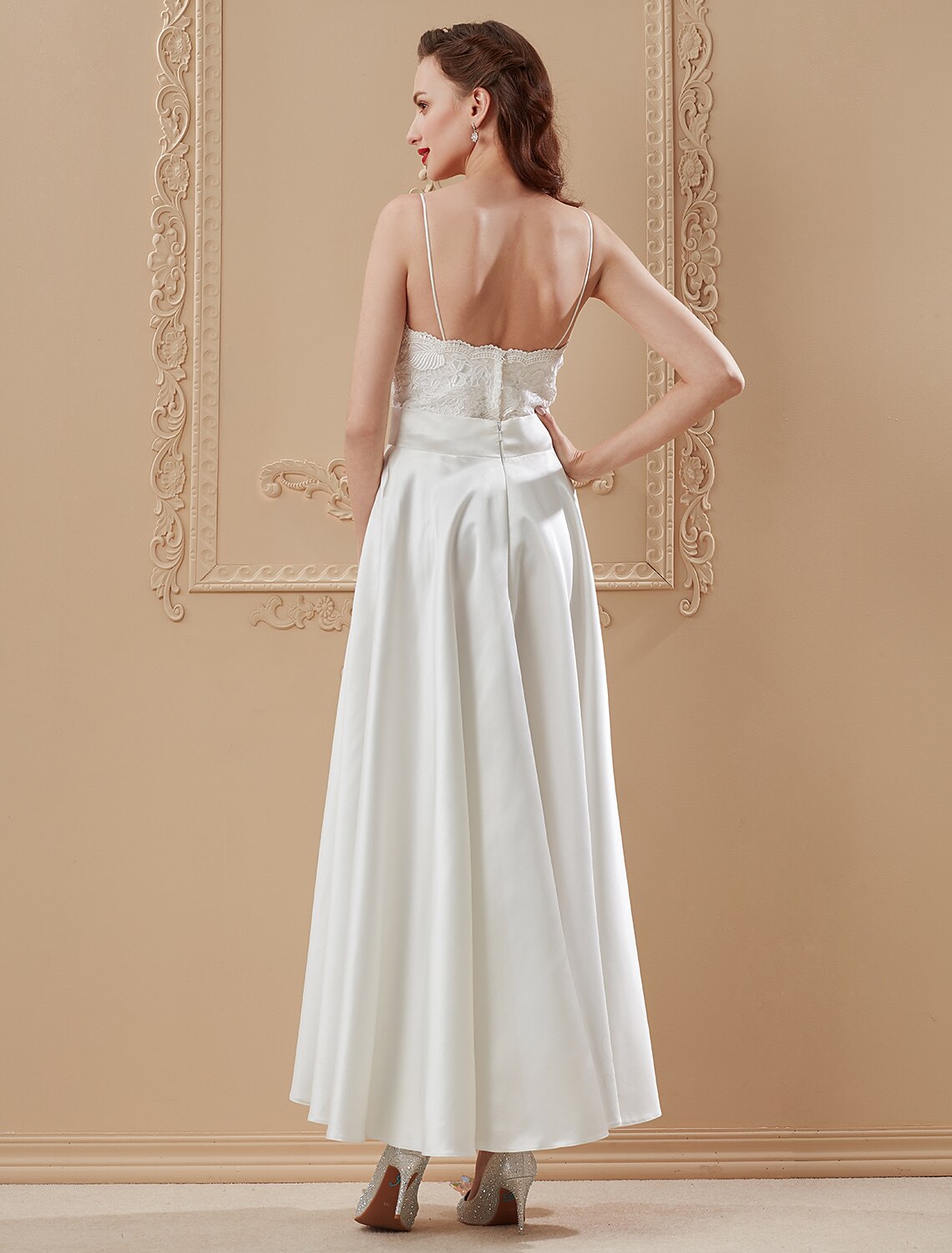 A-Line / Princess Spaghetti Strap Ankle Length Satin / Corded Lace Made-To-Measure Wedding Dresses with Appliques / Sashes