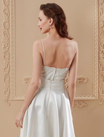 A-Line / Princess Spaghetti Strap Ankle Length Satin / Corded Lace Made-To-Measure Wedding Dresses with Appliques / Sashes