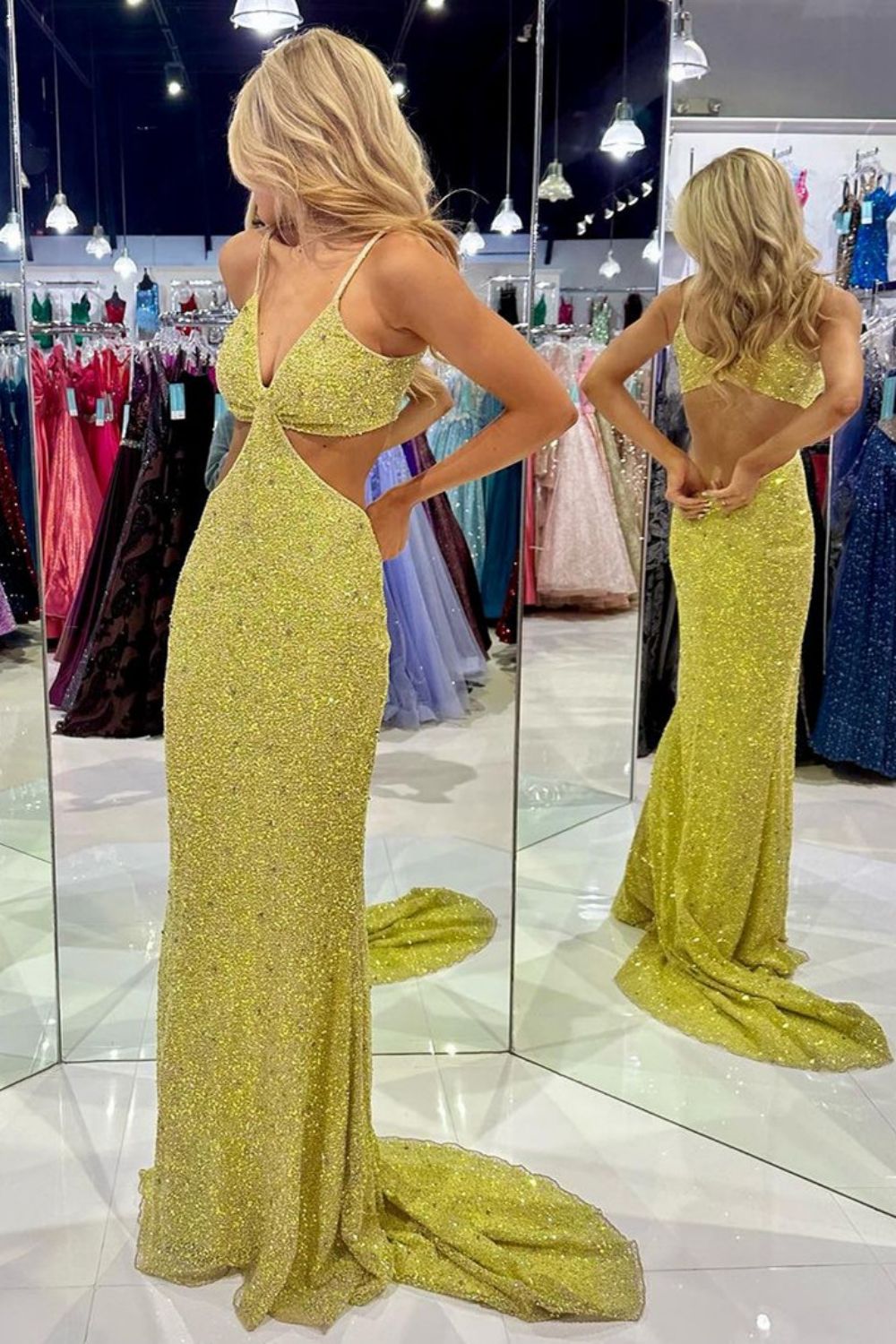 Stunning Mermaid Spaghetti Straps Golden Sequins Long Prom Dress with Open Back