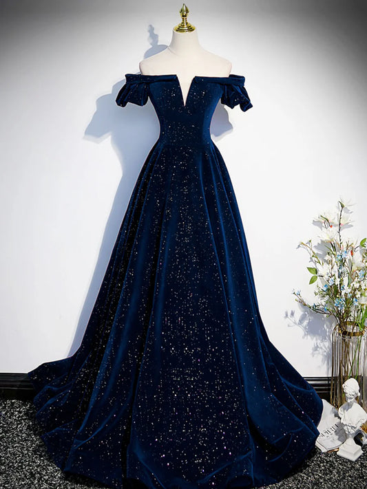 Buyishang A-Line Off Shoulder Velvet Dark Blue Long Prom Dress Dark Blue Long Formal Dress