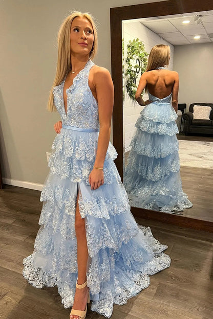 Sparkly Light Blue A-Line Halter Backless Long Tiered Prom Dress With Slit