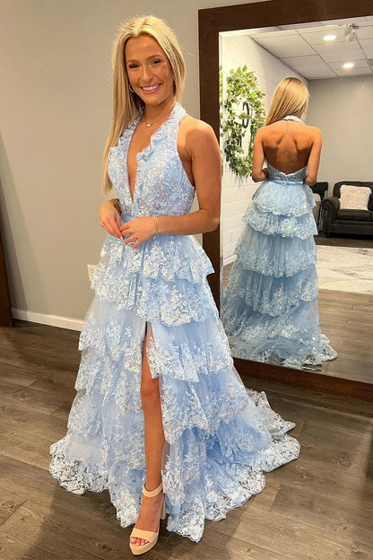 Sparkly Light Blue A-Line Halter Backless Long Tiered Prom Dress With Slit