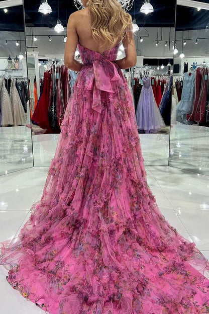 Charming A Line Sweetheart Pink Floral Printed Long Prom Dress