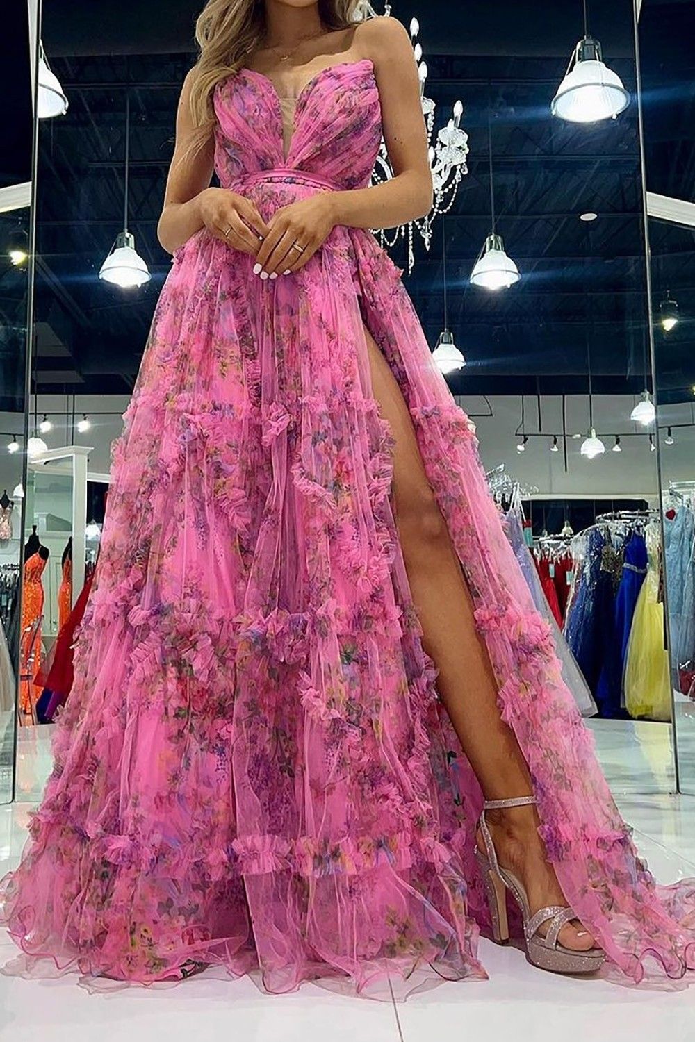 Charming A Line Sweetheart Pink Floral Printed Long Prom Dress