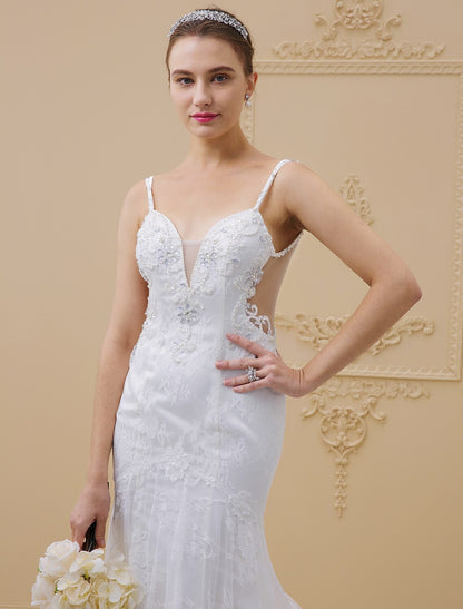 Mermaid / Trumpet Spaghetti Strap Chapel Train Beaded Lace Made-To-Measure Wedding Dresses