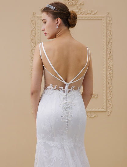 Mermaid / Trumpet Spaghetti Strap Chapel Train Beaded Lace Made-To-Measure Wedding Dresses