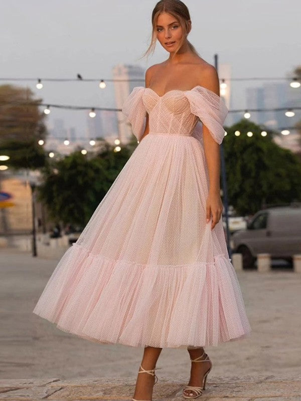 Princess Tulle Ruffles Off-the-Shoulder Sleeveless Tea-Length Dresses/Homecoming Dresses