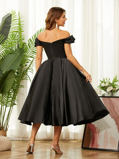 A-Line/Princess Satin Ruched Off-the-Shoulder Sleeveless Tea-Length Dresses/Homecoming dresses