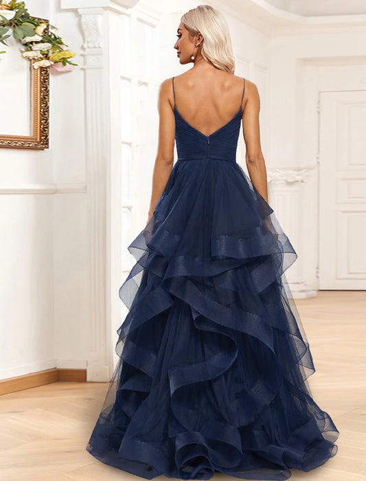 A-Line Evening Gown Tiered Plisse Dress Formal Wedding Guest Sweep