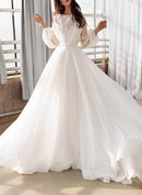 Buyishang A-Line Illusion Neck Long Sleeves Sweep Train Chiffon Wedding Dresses