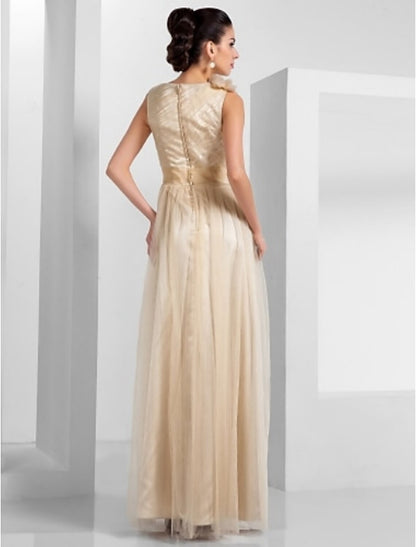 Sheath / Column Bate Neck Floor Length Tulle Formal Evening Dress with Draping