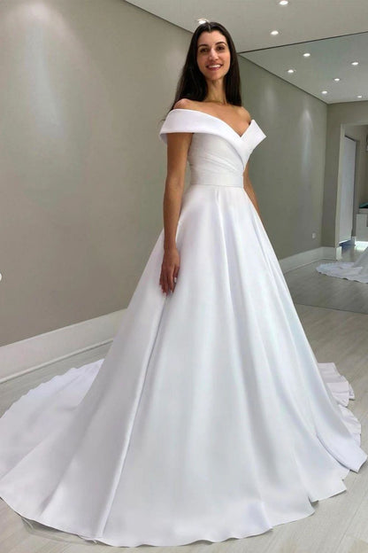 Elegant A Line Off the Shoulder White Wedding Party Dress